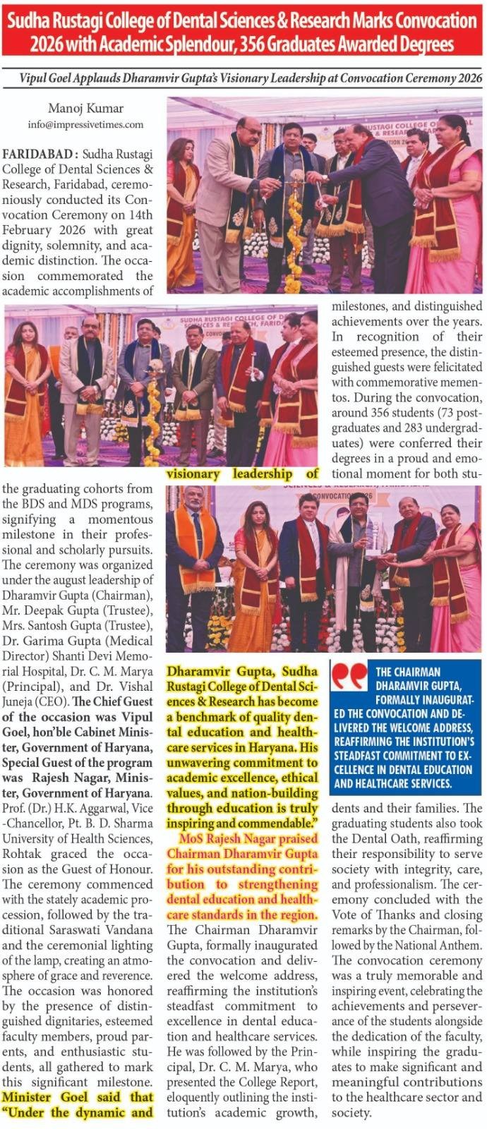 Sudha Rustagi College of Dental Sciences & Research Marks Convocation 2026 with Academic Splendour, 356 Graduates Awarded Degrees